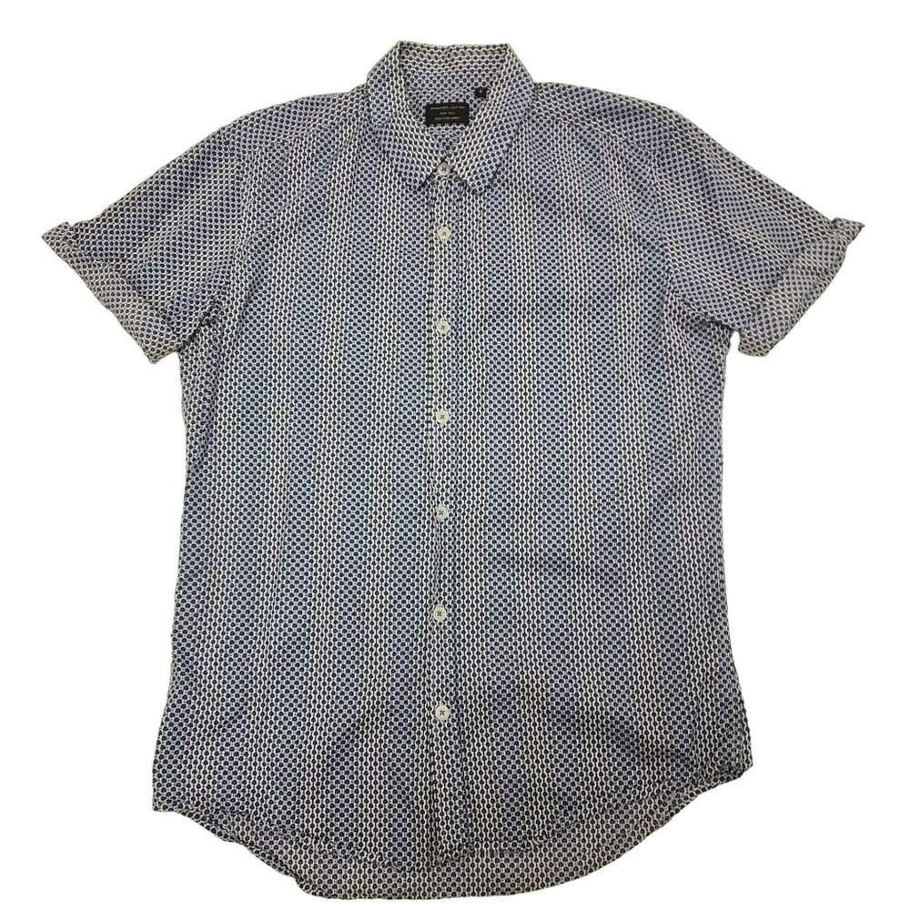 7 Diamonds Button Down Shirt Short Sleeve Spade Micro Print White Blue Men's S